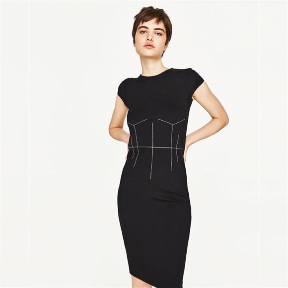 Zara White Topstitch Open Back Black Dress - Picture 4 of 9